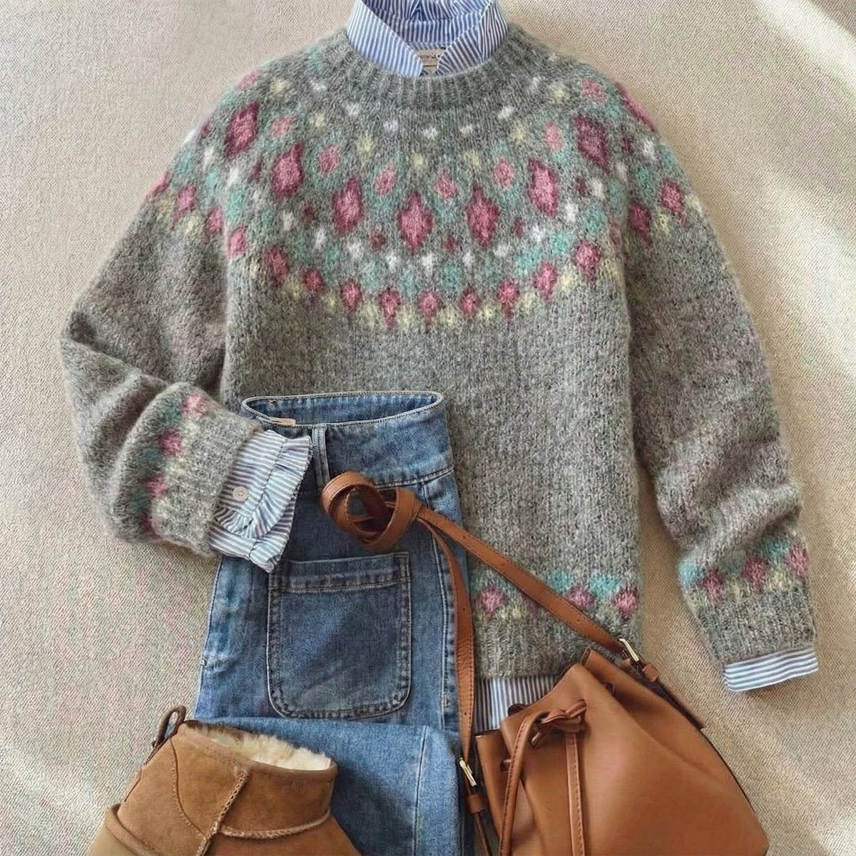 Women's Fair Isle Nordic Knit Sweater Oversized Crewneck Pullover Casual Winter - Lolly 
