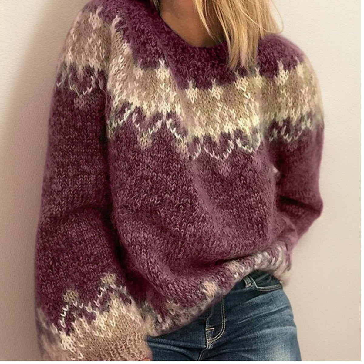 Women's Fair Isle Pullover Sweater Crew Neck Oversized Knit Casual Winter - Lolly 