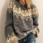Women's Fair Isle Pullover Sweater Crew Neck Oversized Knit Casual Winter - Lolly 