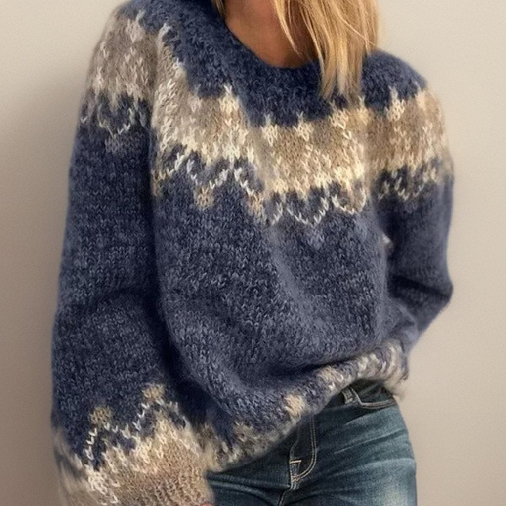 Women's Fair Isle Pullover Sweater Crew Neck Oversized Knit Casual Winter - Lolly 