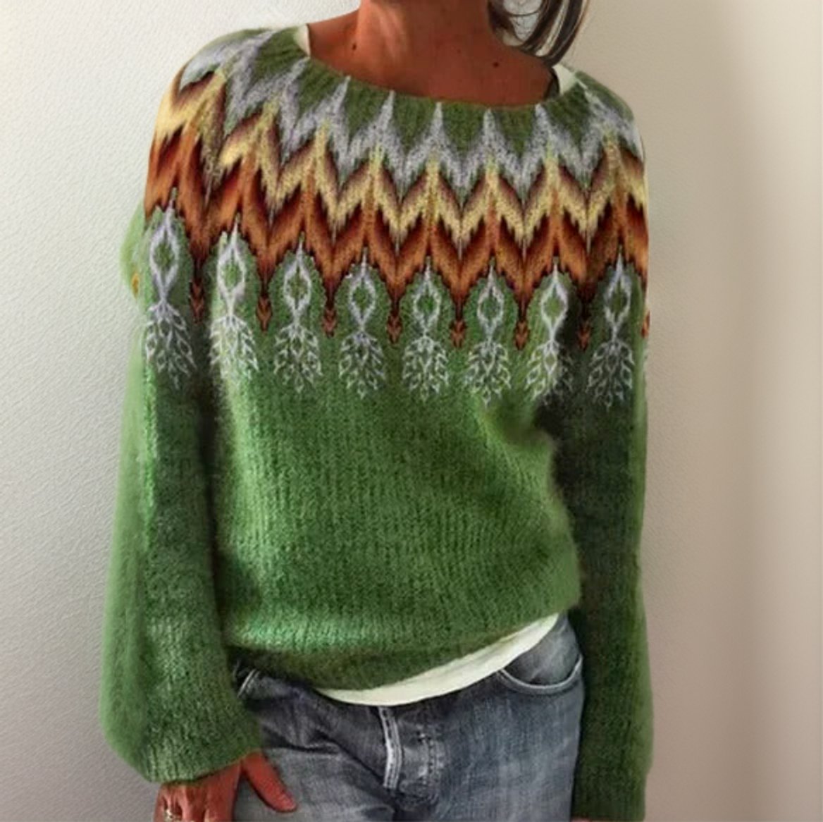 Women's Fair Isle Pullover Sweater Oversized Crew Neck Knit Casual Winter - Lolly 