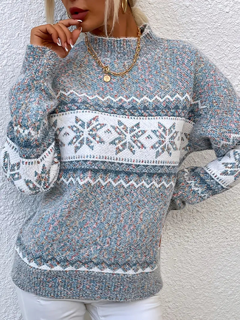 Women's Fair Isle Snowflake Sweater Pullover Crew Neck Casual Winter Knit - Lolly 