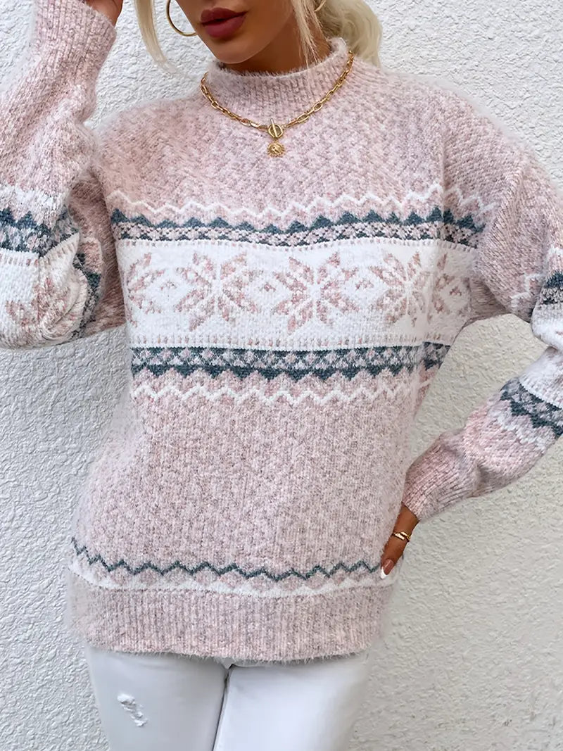 Women's Fair Isle Snowflake Sweater Pullover Crew Neck Casual Winter Knit - Lolly 