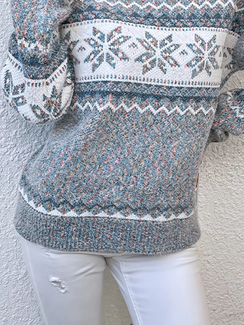 Women's Fair Isle Snowflake Sweater Pullover Crew Neck Casual Winter Knit - Lolly 