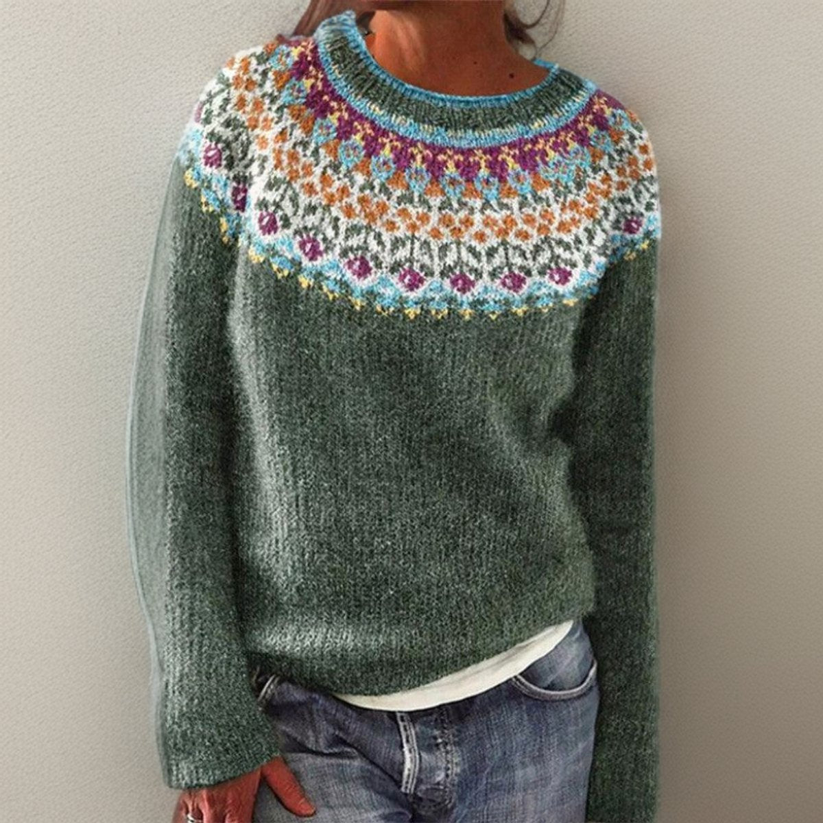 Women's Fair Isle Yoke Pullover Knit Sweater Floral Crew Neck Casual Winter - Lolly 