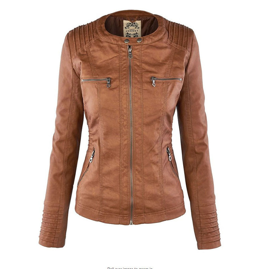 Women's Faux Leather Hooded Moto Jacket Zip-Up Biker Casual Outerwear - Lolly 