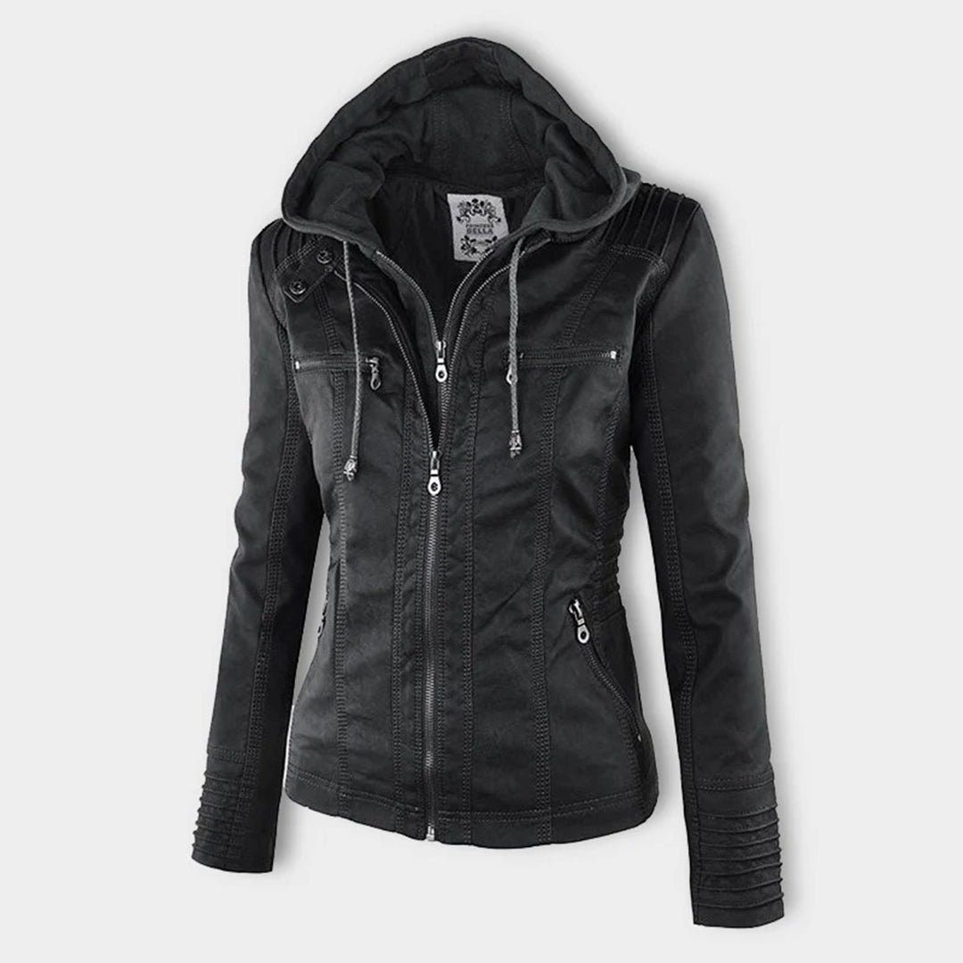 Women's Faux Leather Hooded Moto Jacket Zip-Up Biker Casual Outerwear - Lolly 
