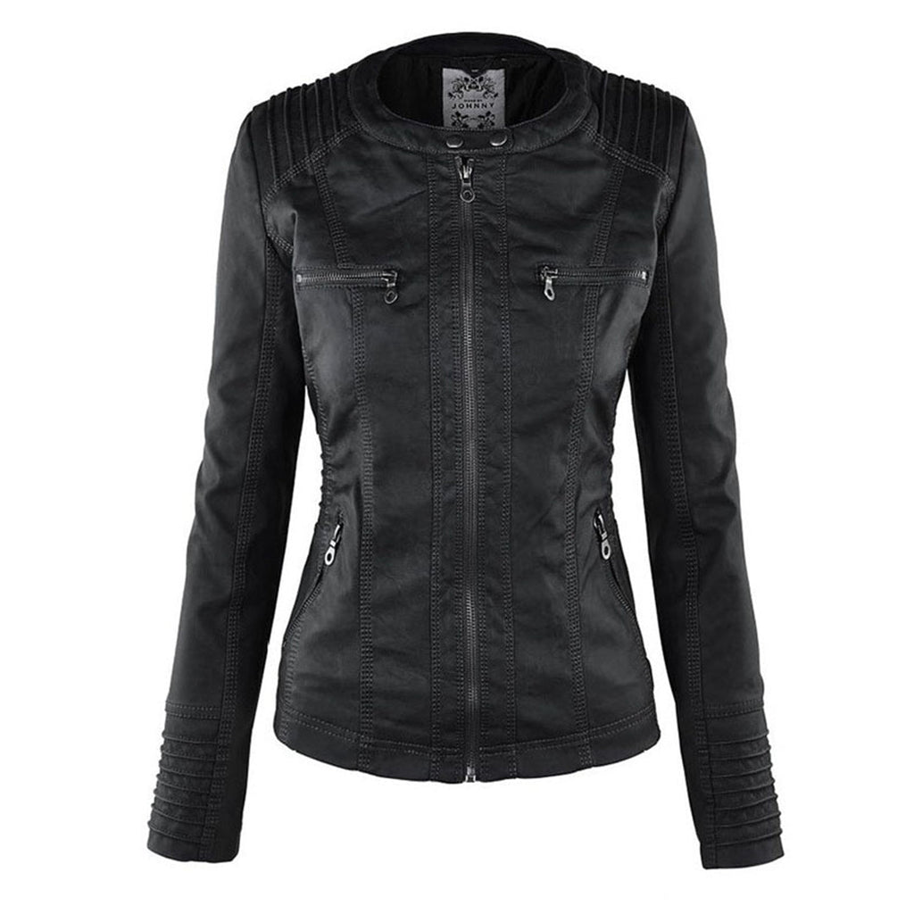 Women's Faux Leather Hooded Moto Jacket Zip-Up Biker Casual Outerwear - Lolly 