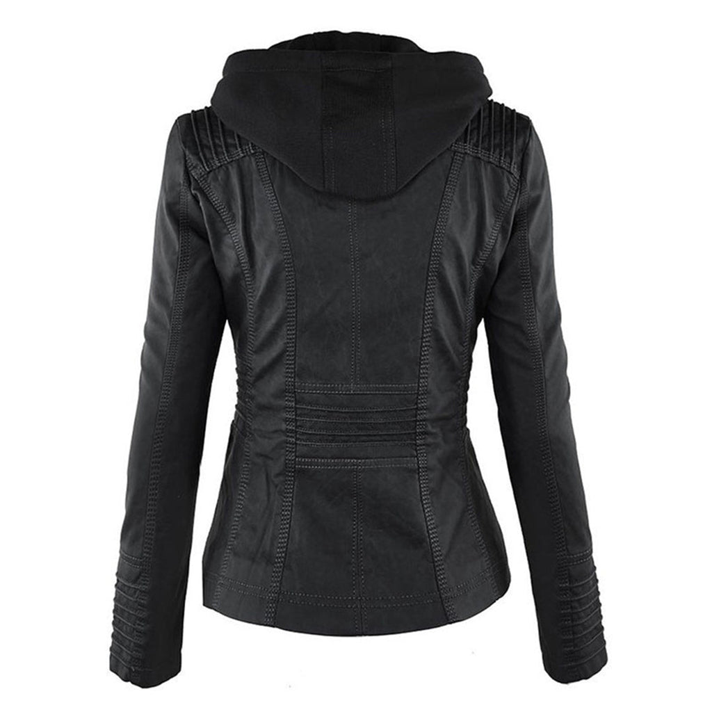 Women's Faux Leather Hooded Moto Jacket Zip-Up Biker Fall Winter Casual - Lolly 