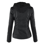 Women's Faux Leather Hooded Moto Jacket Zip-Up Biker Fall Winter Casual - Lolly 