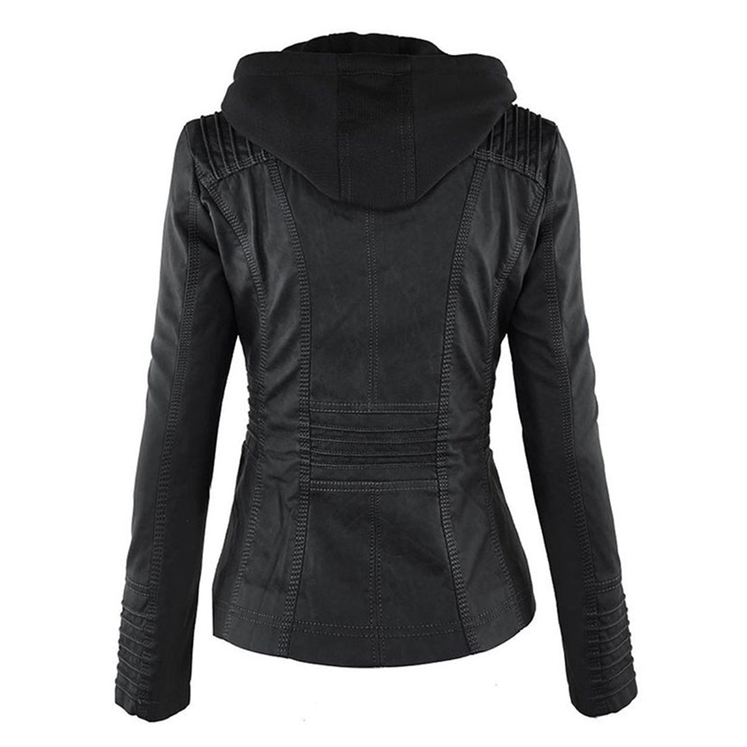 Women's Faux Leather Hooded Moto Jacket Zip-Up Biker Fall Winter Casual - Lolly 