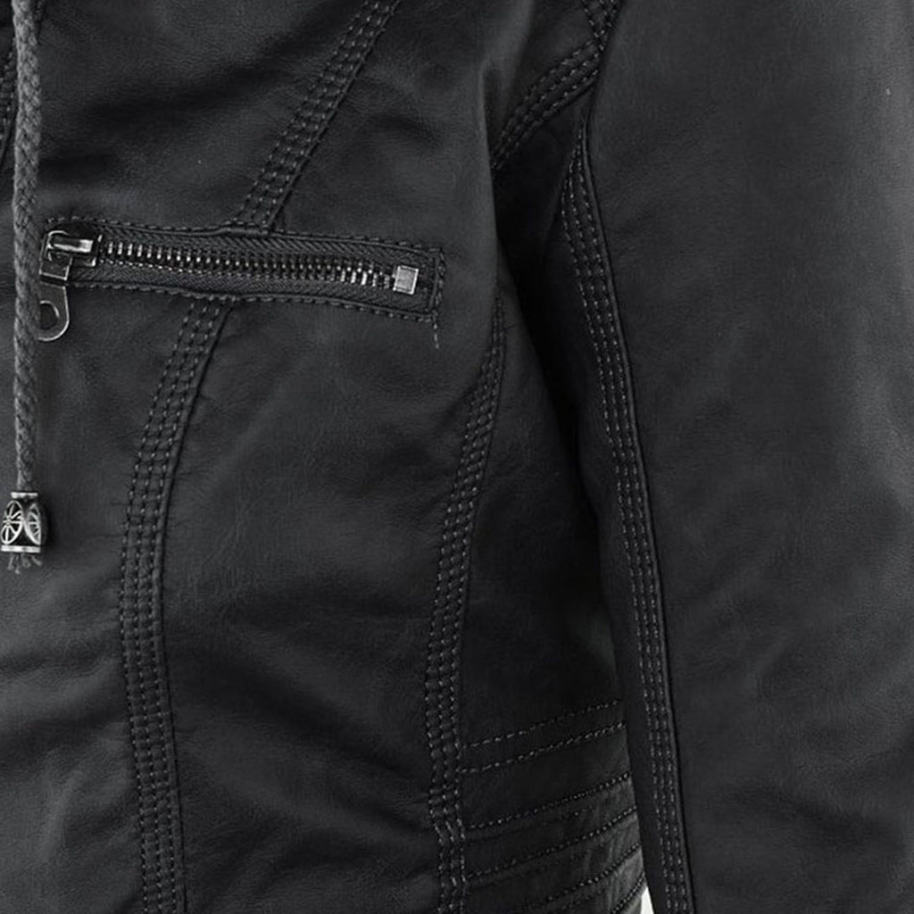 Women's Faux Leather Hooded Moto Jacket Zip-Up Biker Fall Winter Casual - Lolly 