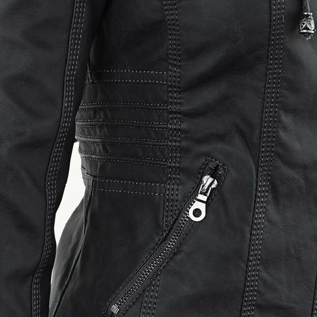 Women's Faux Leather Hooded Moto Jacket Zip-Up Biker Fall Winter Casual - Lolly 