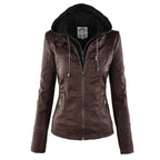 Women's Faux Leather Hooded Moto Jacket Zip-Up Biker Fall Winter Casual - Lolly 