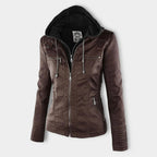 Women's Faux Leather Hooded Moto Jacket Zip-Up Biker Fall Winter Casual - Lolly 