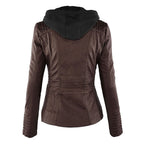 Women's Faux Leather Hooded Moto Jacket Zip-Up Biker Fall Winter Casual - Lolly 