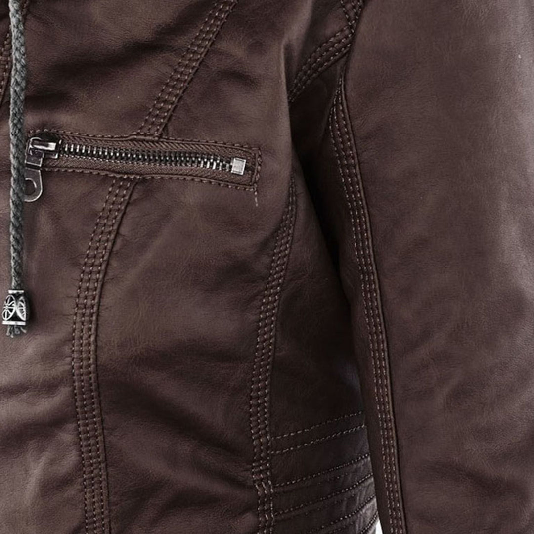 Women's Faux Leather Hooded Moto Jacket Zip-Up Biker Fall Winter Casual - Lolly 
