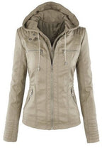 Women's Faux Leather Hooded Moto Jacket Zip-Up Biker Fall Winter Casual - Lolly 