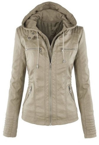 Women's Faux Leather Hooded Moto Jacket Zip-Up Biker Fall Winter Casual - Lolly 