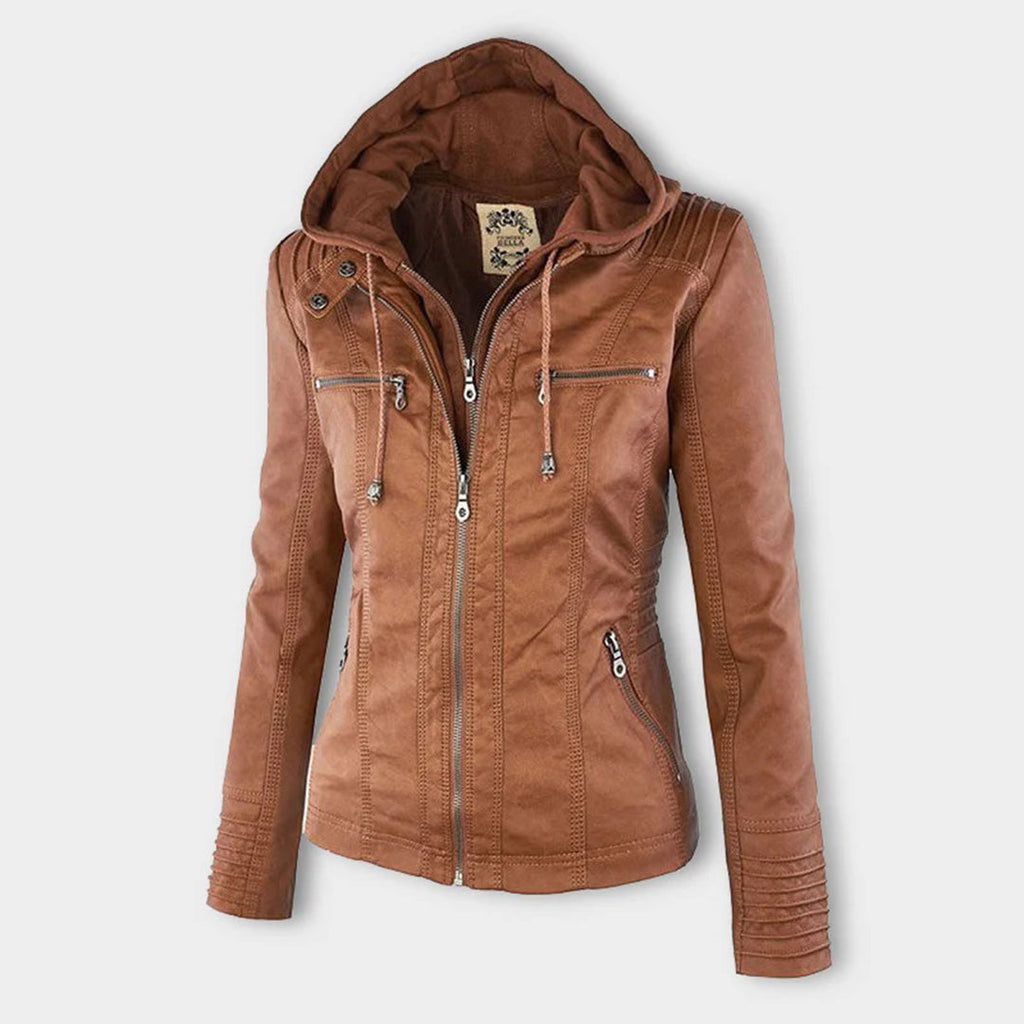 Women's Faux Leather Hooded Moto Jacket Zip-Up Biker Fall Winter Casual - Lolly 