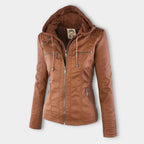 Women's Faux Leather Hooded Moto Jacket Zip-Up Biker Fall Winter Casual - Lolly 