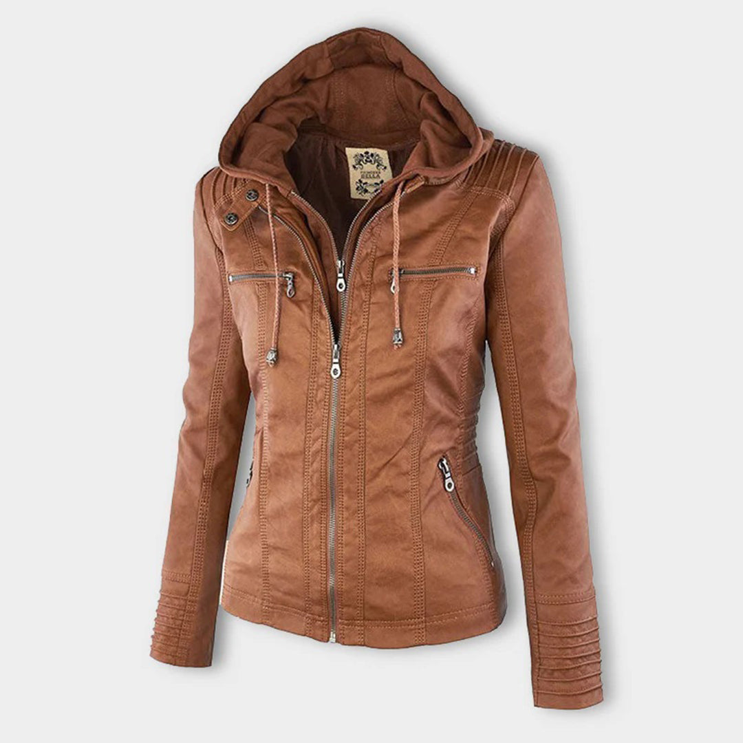 Women's Faux Leather Hooded Moto Jacket Zip-Up Biker Fall Winter Casual - Lolly 