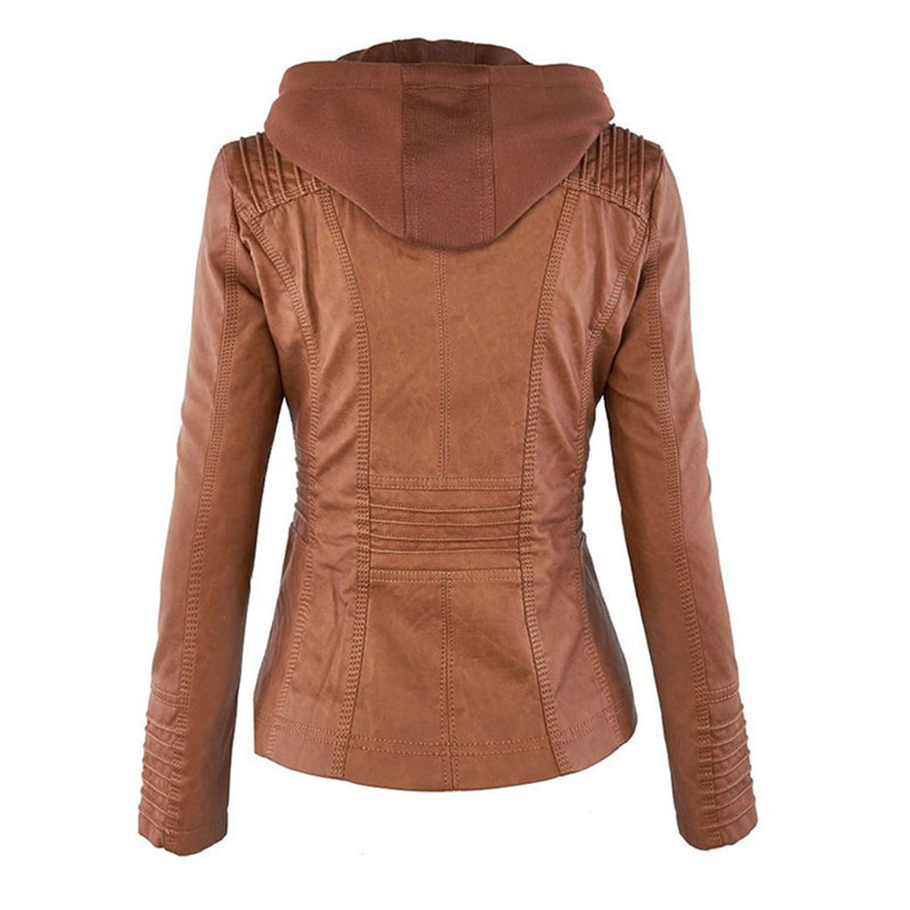 Women's Faux Leather Hooded Moto Jacket Zip-Up Biker Fall Winter Casual - Lolly 
