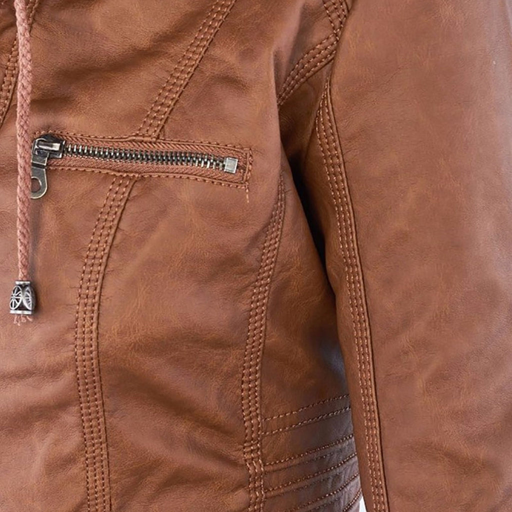 Women's Faux Leather Hooded Moto Jacket Zip-Up Biker Fall Winter Casual - Lolly 