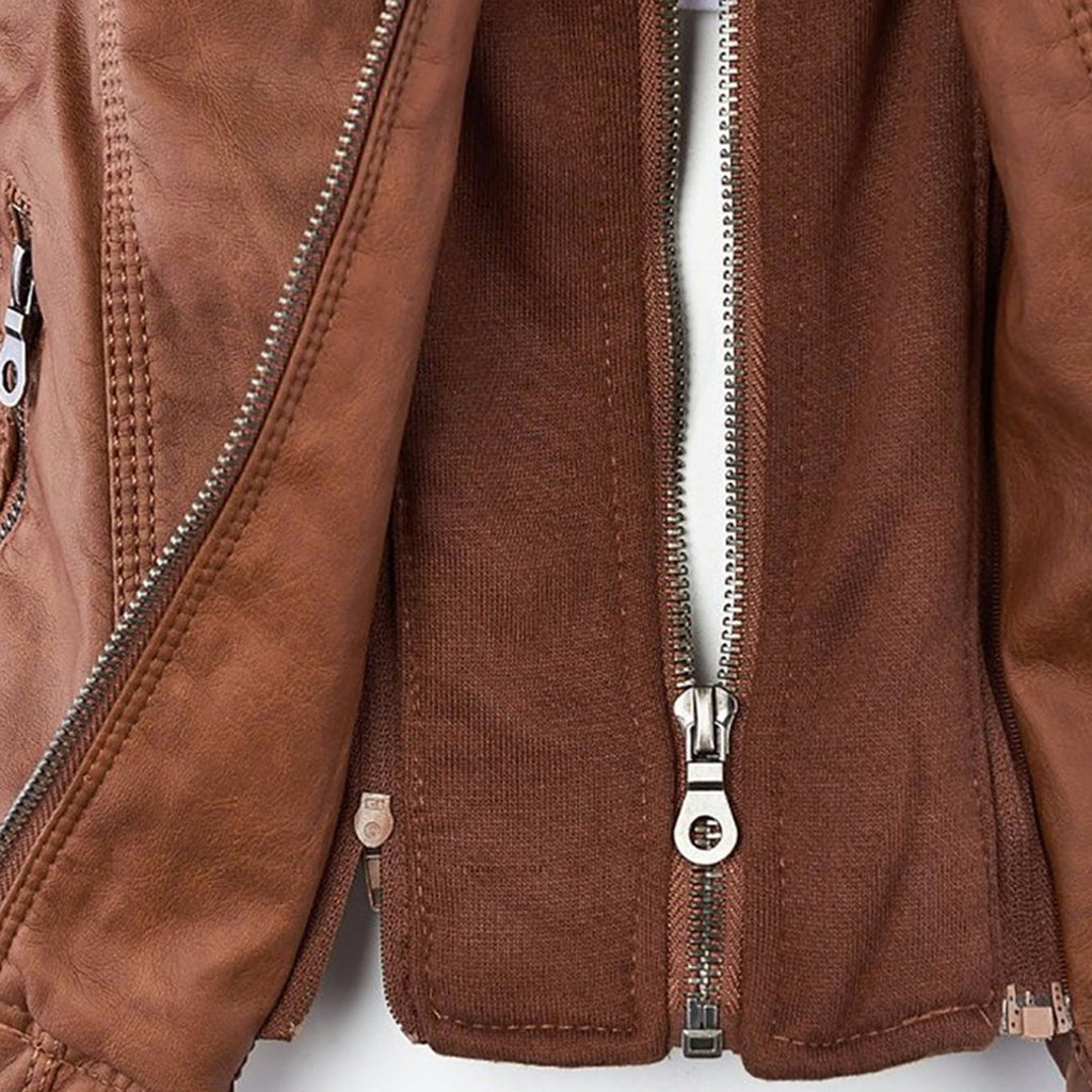 Women's Faux Leather Hooded Moto Jacket Zip-Up Biker Fall Winter Casual - Lolly 
