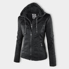 Women's Faux Leather Hooded Moto Jacket Zip-Up Biker Fall Winter Casual - Lolly 