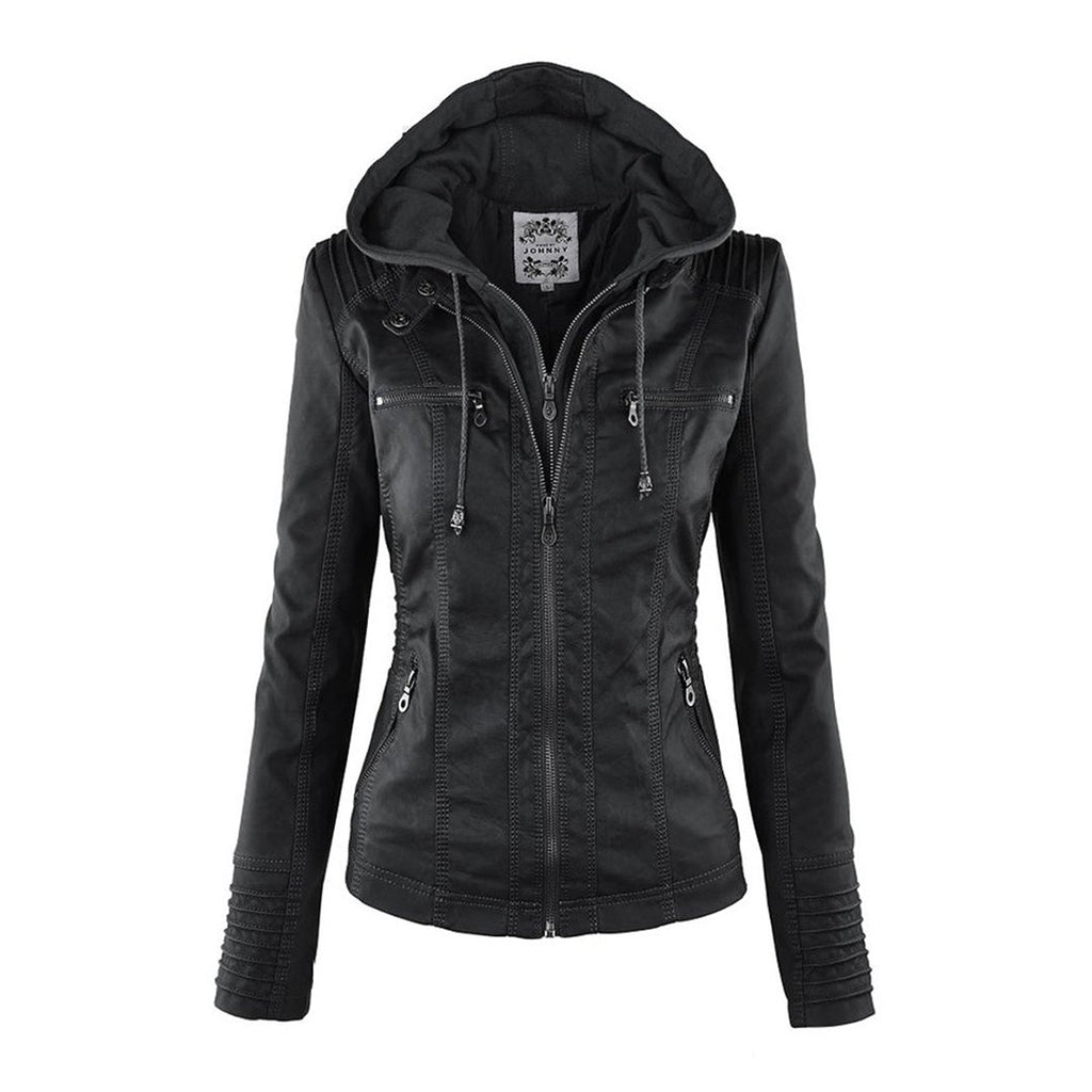 Women's Faux Leather Hooded Moto Jacket Zip-Up Biker Fall Winter Casual - Lolly 