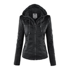 Women's Faux Leather Hooded Moto Jacket Zip-Up Biker Fall Winter Casual - Lolly 