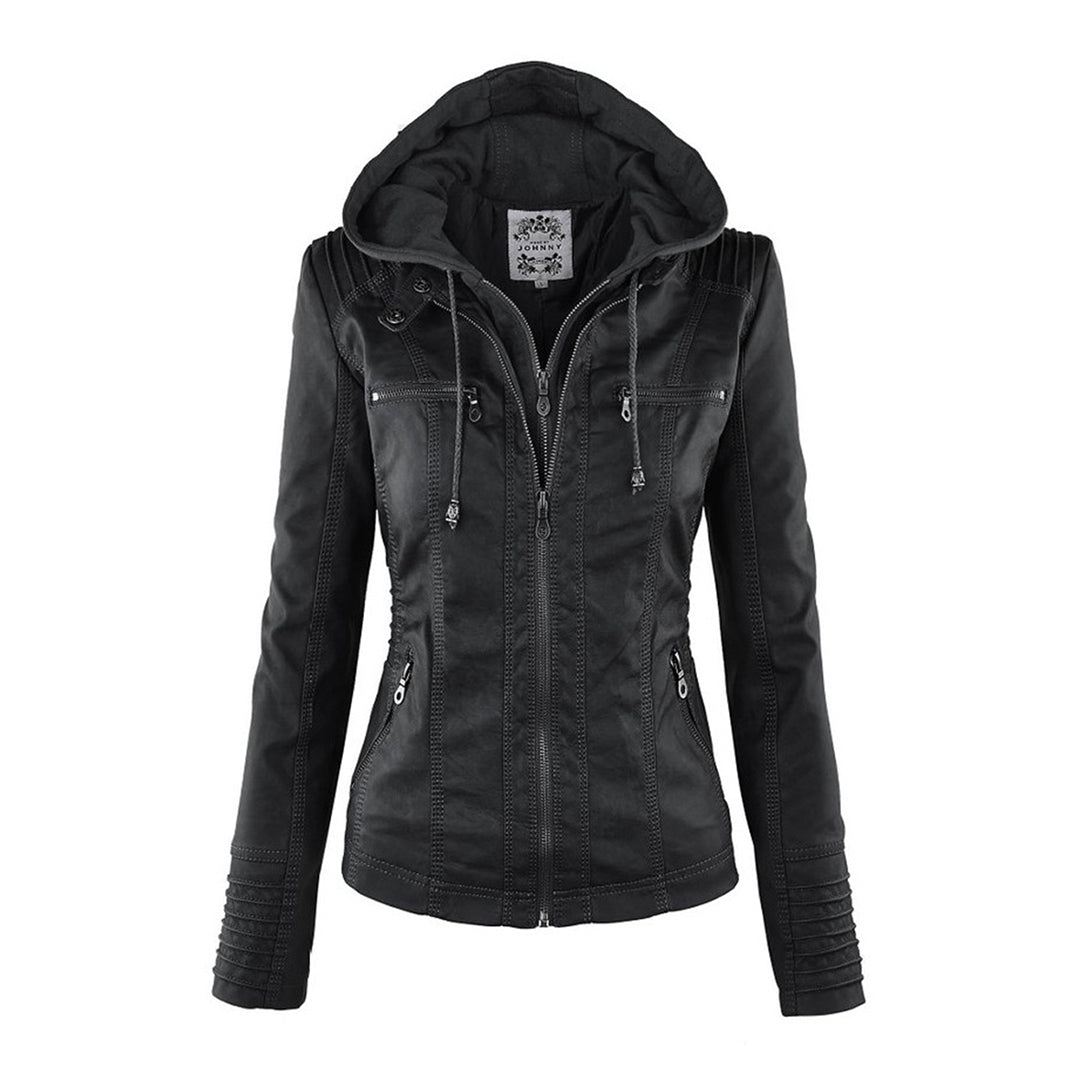 Women's Faux Leather Hooded Moto Jacket Zip-Up Biker Fall Winter Casual - Lolly 