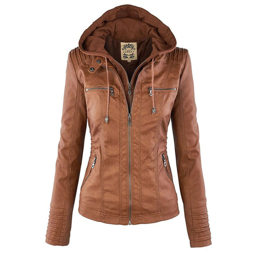 Women's Faux Leather Hooded Moto Jacket Zip-Up Biker Fall Winter Casual - Lolly 