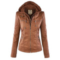 Women's Faux Leather Hooded Moto Jacket Zip-Up Biker Fall Winter Casual - Lolly 