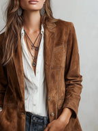 Women's Faux Suede Blazer Single-Breasted Tailored Jacket Office Casual Fall - Lolly 