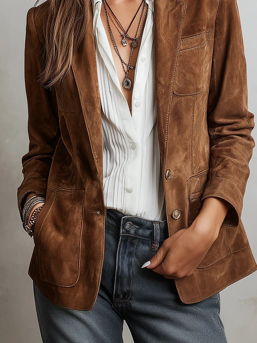 Women's Faux Suede Blazer Single-Breasted Tailored Jacket Office Casual Fall - Lolly 