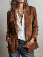 Women's Faux Suede Blazer Single-Breasted Tailored Jacket Office Casual Fall - Lolly 