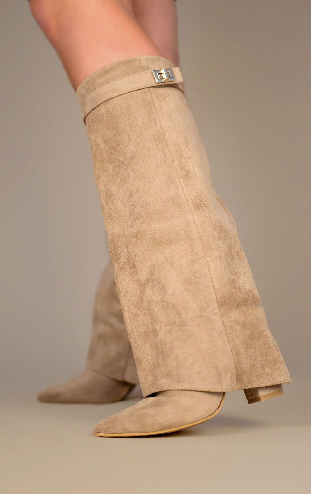 Women's Faux Suede Fold Over Knee High Boots Gold Buckle Cowboy Night Out - Lolly 
