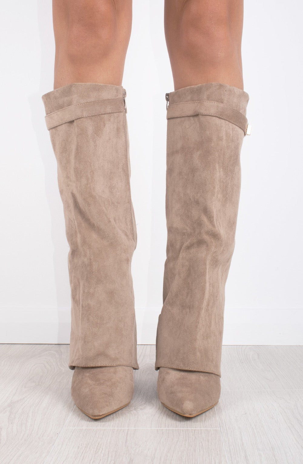 Women's Faux Suede Fold Over Knee High Boots Gold Buckle Cowboy Night Out - Lolly 