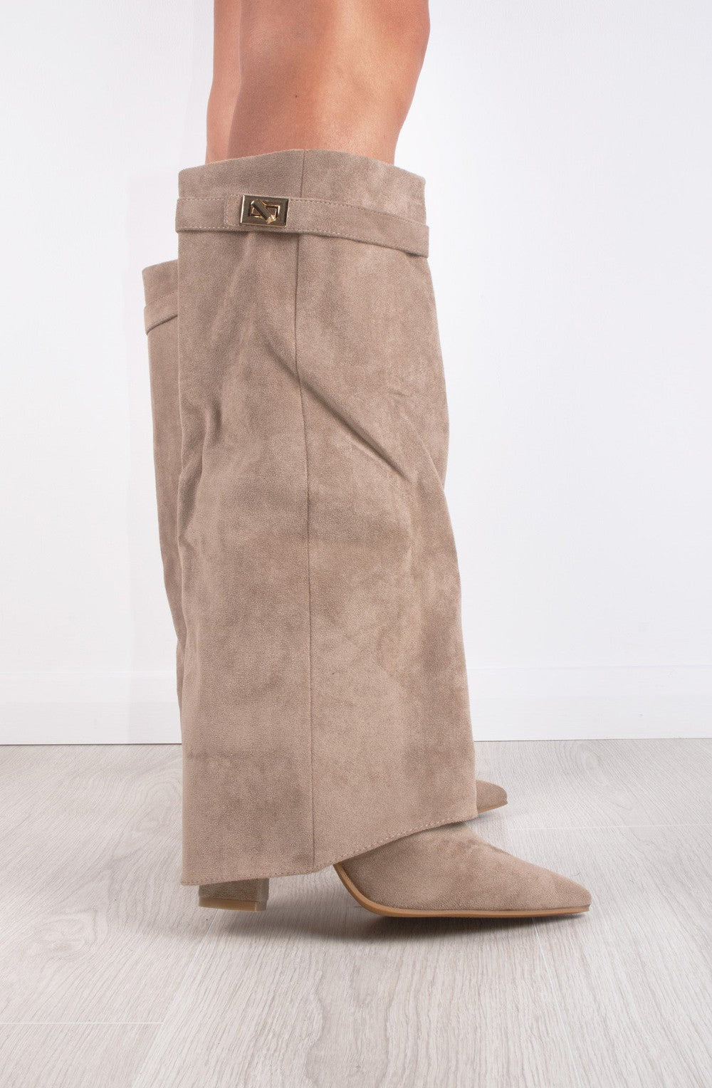 Women's Faux Suede Fold Over Knee High Boots Gold Buckle Cowboy Night Out - Lolly 