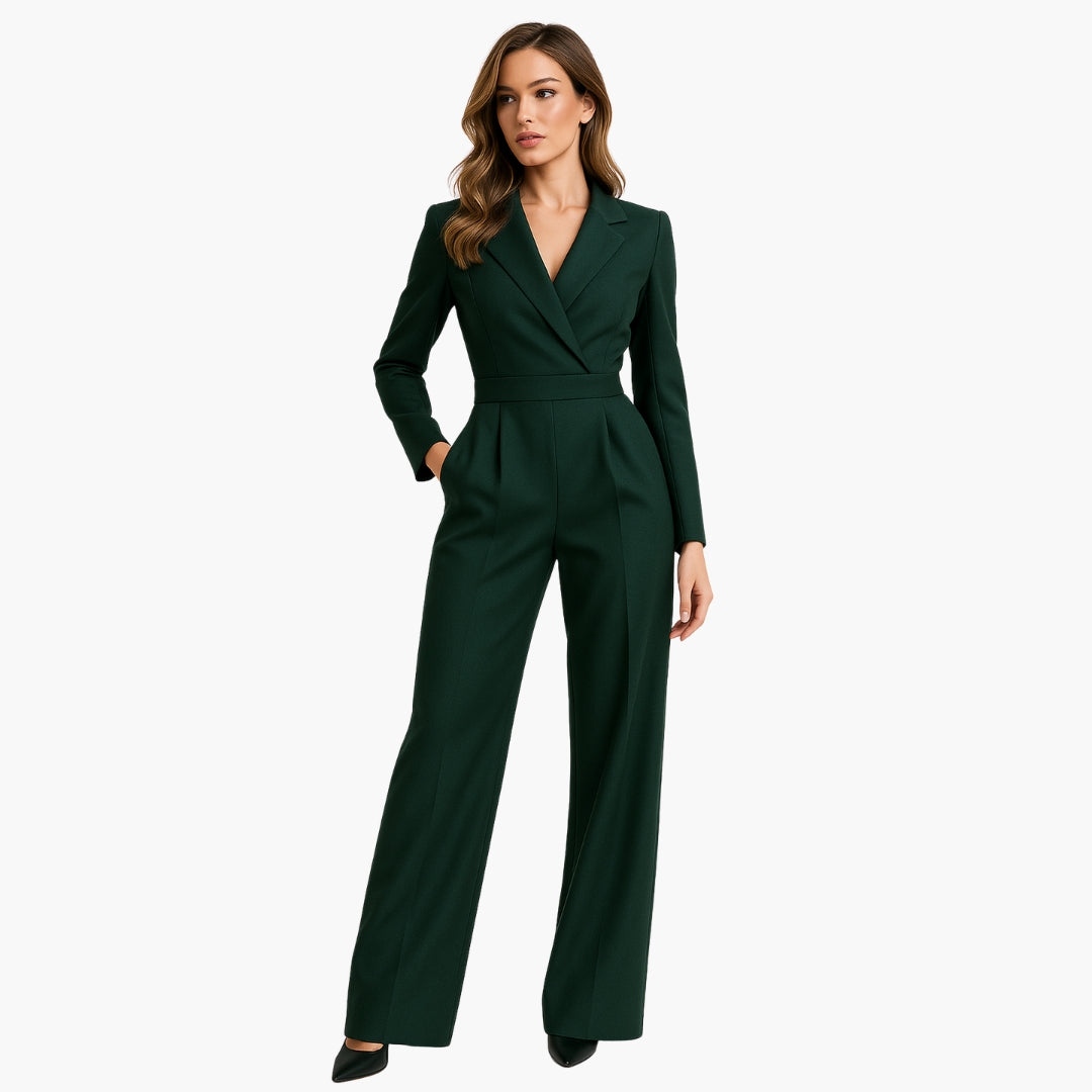Women's Fitted Waist Jumpsuit Crossover V-Neck Wrap Front Wide-Leg Notched Lapel Formal Elegant - Lolly 