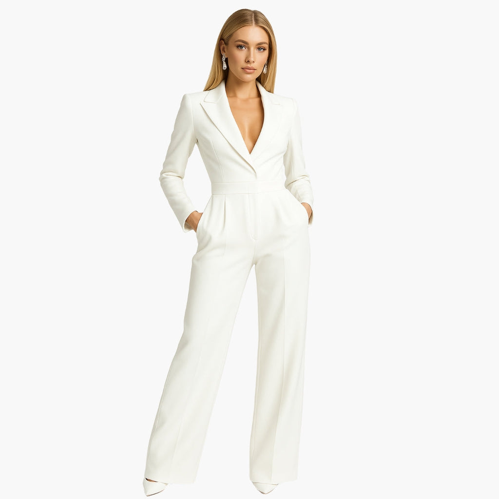 Women's Fitted Waist Jumpsuit Crossover V-Neck Wrap Front Wide-Leg Notched Lapel Formal Elegant - Lolly 