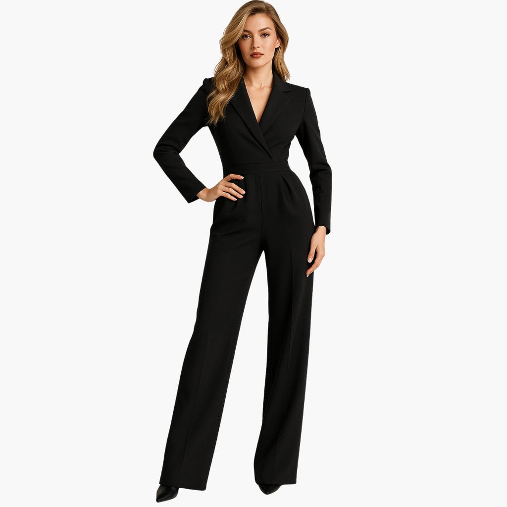 Women's Fitted Waist Jumpsuit Crossover V-Neck Wrap Front Wide-Leg Notched Lapel Formal Elegant - Lolly 