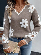 Women's Floral Daisy V-Neck Fuzzy Knit Sweater Casual Pullover Long Sleeve - Lolly 
