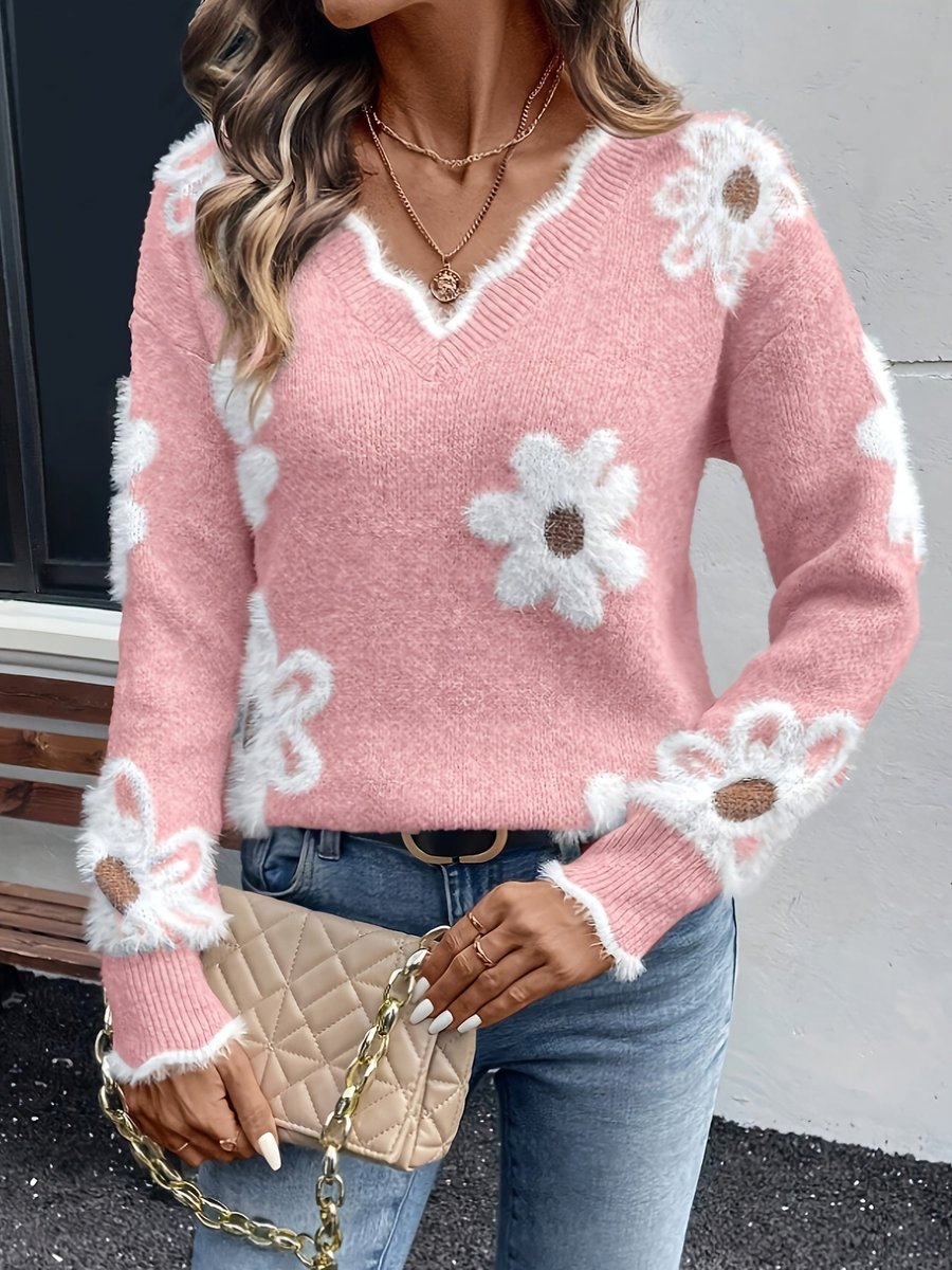 Women's Floral Daisy V-Neck Fuzzy Knit Sweater Casual Pullover Long Sleeve - Lolly 