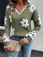 Women's Floral Daisy V-Neck Fuzzy Knit Sweater Casual Pullover Long Sleeve - Lolly 