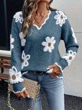 Women's Floral Daisy V-Neck Fuzzy Knit Sweater Casual Pullover Long Sleeve - Lolly 
