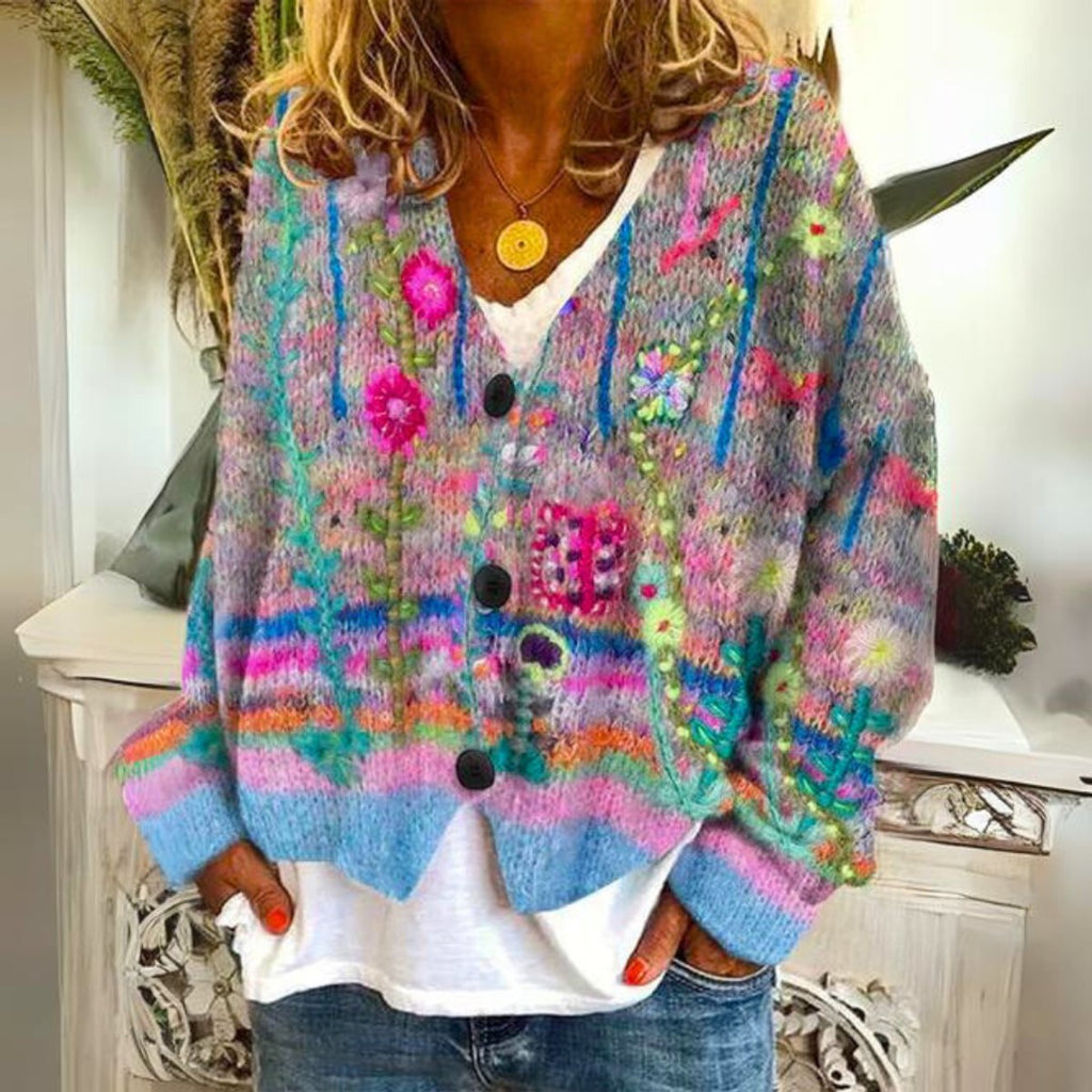 Women's Floral Embroidered Knit Cardigan Button-Front Oversized Sweater Boho Casual - Lolly 