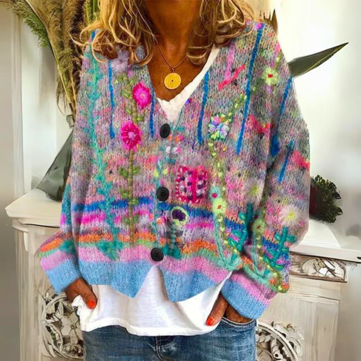 Women's Floral Embroidered Knit Cardigan Button-Front Oversized Sweater Boho Casual - Lolly 